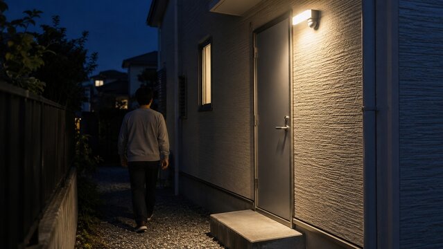 勝手口のセンサーライトで夜間の死角を照らして防犯性を高める