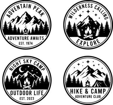Vintage outdoor adventure emblem set, monochrome mountain camping badges vector, retro wilderness hiking logo design collection