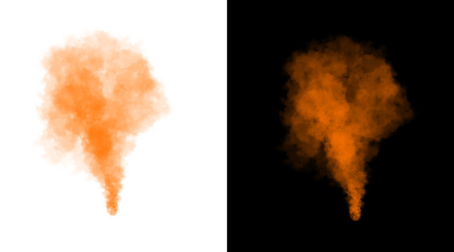 Orange smoke plume on white and black background, atmospheric vapor cloud for design, abstract orange steam effect, colorful smoke explosion