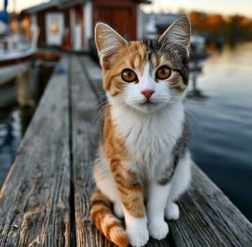 A calico cat (ginger, white, and black) is sitting on a pier. A full-body portrait. 