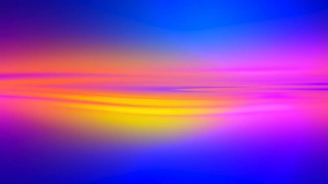 Abstract luminous color bands drift and reshape across smooth blue and magenta gradient field, forming layered horizontal waves with vivid yellow, orange, pink, and violet glow