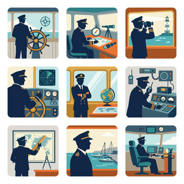 Nautical Captain and Crew on Ship Bridge Navigating Ocean Waters.