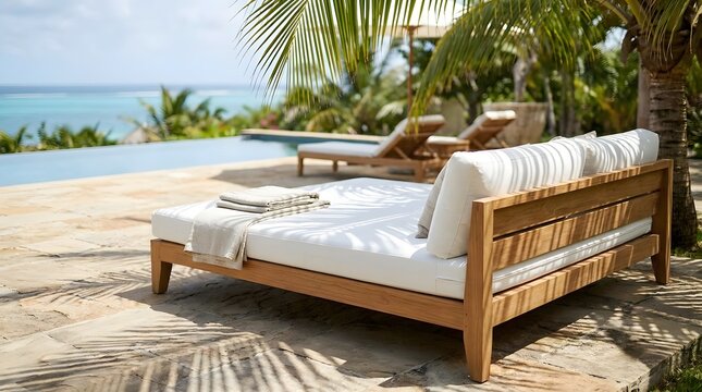 Teak Wood Daybed on Luxury Tropical Patio Overlooking the Ocean for Relaxing Summer Vacation