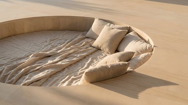 Modern Sunken Pit Daybed With Soft Beige Pillows And Linen Bedding In Minimalist Wooden Interior