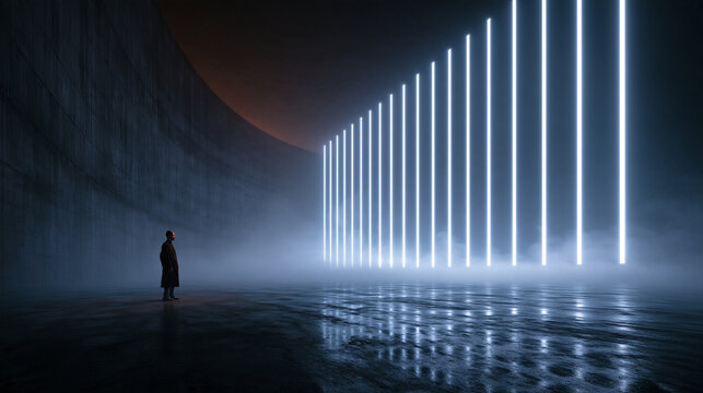 Person Standing Before Massive Futuristic Glowing Light Wall
