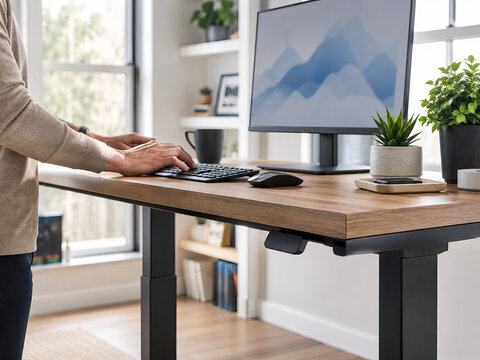 A person is standing at a height-adjustable desk and typing on a keyboard in a bright, modern home office. The desk is made of light-colored wood, features a black metal frame, and is height-adjustabl