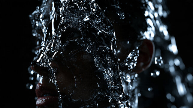 Dynamic Water Splash Pouring Over Woman Face in Studio