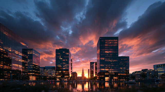 Modern City Skyline and Corporate Buildings at Sunset