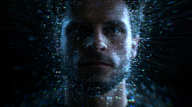 Man Face with Biometric Facial Recognition Digital AI Hologram