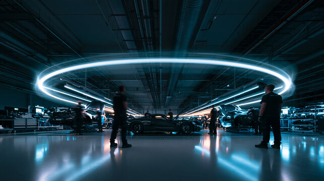 Automotive Engineers Assembling Supercars in Futuristic High Tech Factory
