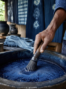In the workshop, a man carefully dyes fabric blue in a large wooden vat. The atmosphere of calm and concentration prevailing here points to a traditional craft process.