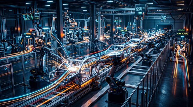 Robotic Arms Welding Cars on Automated Factory Assembly Line