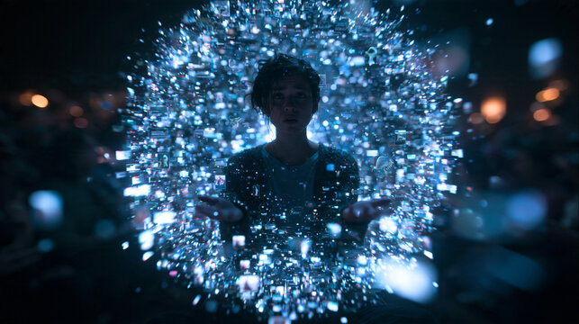 Woman Surrounded by Glowing Sphere of Digital Media and Screens