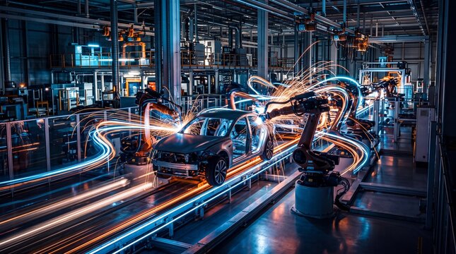 Automated Robotic Arms Assembling Car in Modern Factory