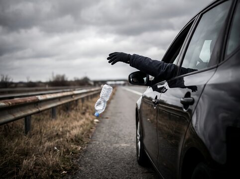 Person Throwing Plastic Trash Bag from Black Car Window on Highway Roadside Littering Environment Pollution Illegal Dumping Bad Behavior Environmental Awareness Campaign Prevention