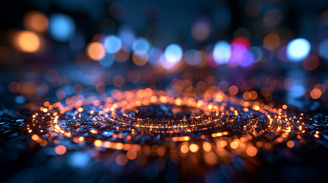 Abstract Futuristic Glowing Circuit Rings with Bokeh Lights