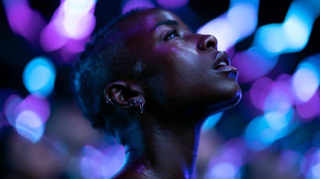 Black Woman Looking Up with Wonder in Neon Lighting