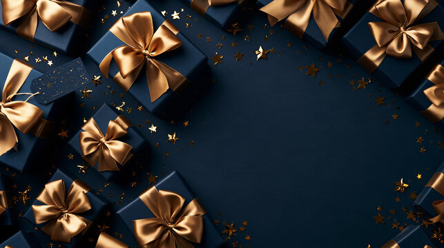 Luxury Gift Boxes with Gold Ribbons and Copy Space