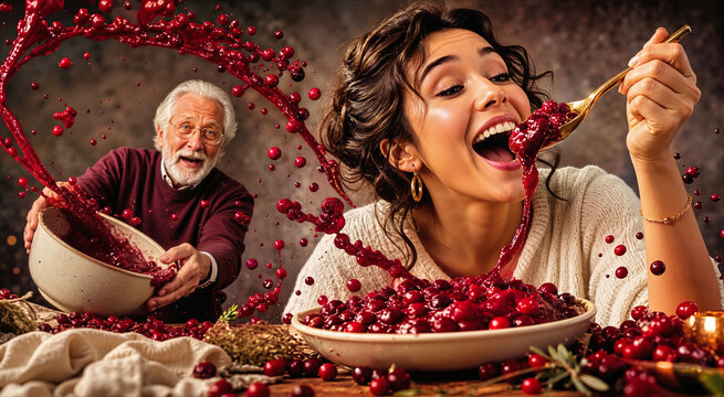 Laughing woman tasting cranberry sauce from a spoon as red berries splash around her. Man holds a tilted bowl behind her in a playful Thanksgiving food scene with knit sweaters and rustic textures