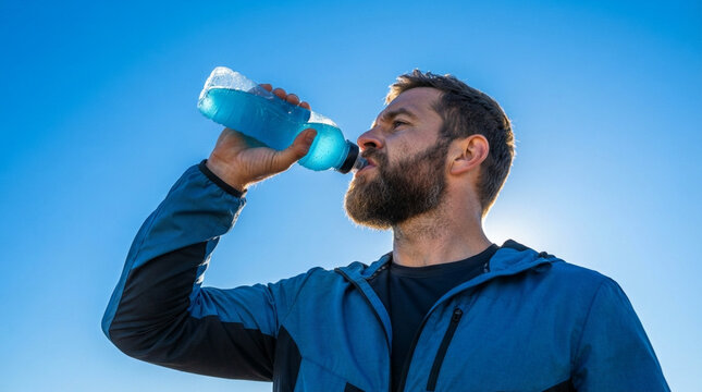 Adult bearded man in a blue athletic jacket drinking blue electrolyte sports beverage from a plastic bottle against a clear blue sky, low angle view of hydration and recovery.