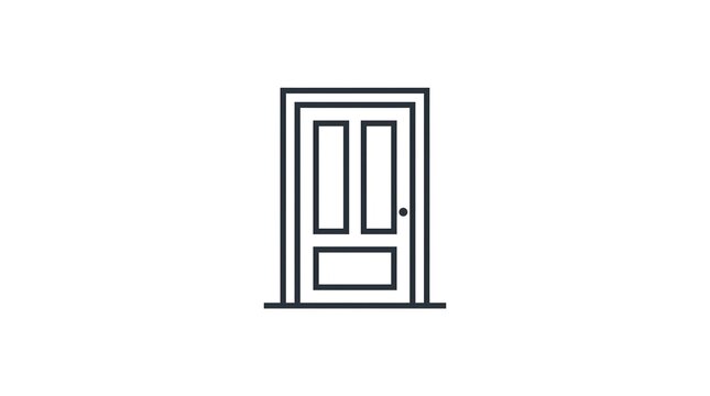 Minimalist line art vector illustration of a classic wooden front door with panels and a knob, isolated on a white background