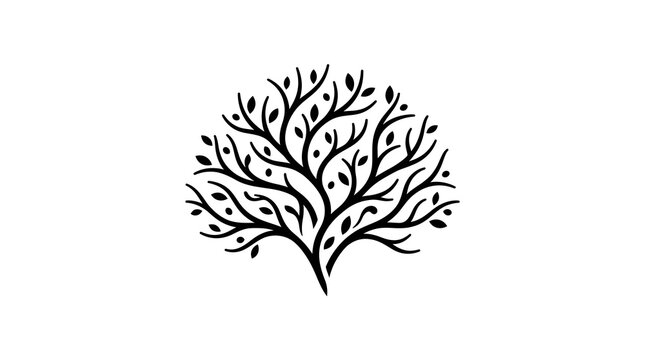 A minimalist black and white vector illustration of a spreading tree with branches and small leaves, isolated on a white background