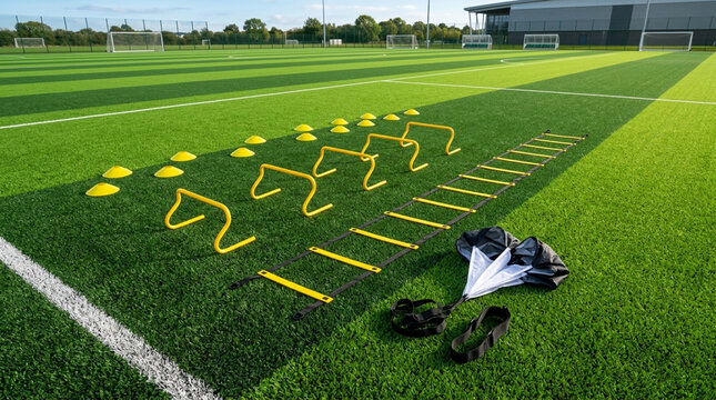 Sports agility training equipment including yellow hurdles, marker cones, an agility ladder, and a speed parachute laid out on a green artificial turf football field under a clear blue sky.
