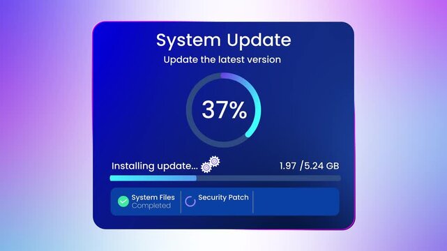System Software Update Progress Dashboard Showing Installation Status, Security Patch, Core Components, Data Usage and 100 Percent Completion.