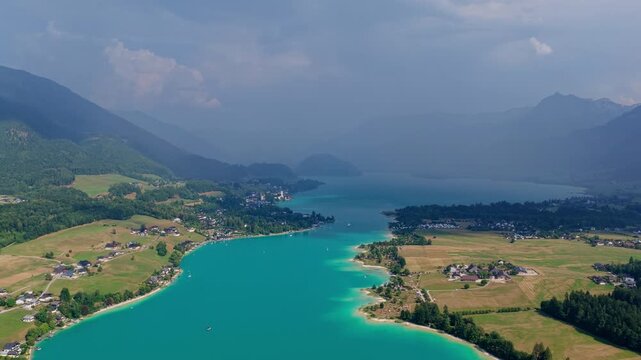 Nature alp landscape. Alp lake in scenic nature. Scenic nature alp hiking lake. Wilderness and adventure at forest with lake. Alp green landscape. Landscape of idyllic forest at lake