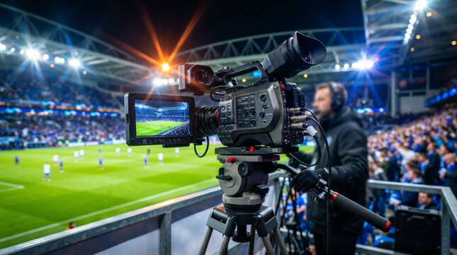 Professional broadcast video camera on a tripod filming a live soccer match at a crowded night stadium with bright floodlights, showcasing sports media production and journalism.
