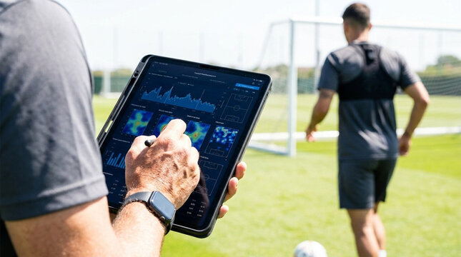Professional soccer coach using digital tablet with performance data analytics and heat maps to monitor athlete wearing GPS vest during outdoor training session on grass field.