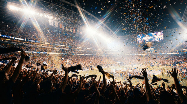 Fans cheering in a crowded sports stadium during a championship victory celebration with falling confetti, bright floodlights, and large scoreboard displaying champions title.