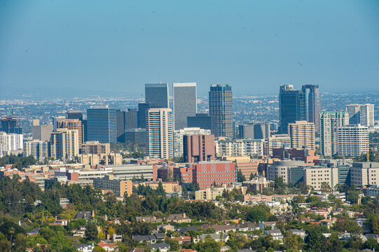 Century City skyline with modern high-rise buildings viewed from Getty Center, Los Angeles, California