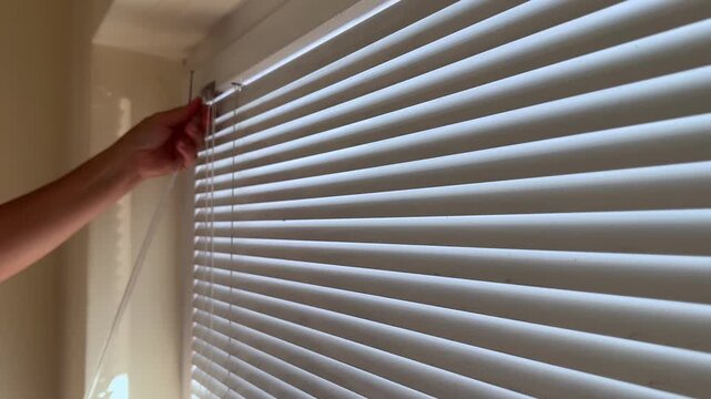Woman closing white venetian blinds using control wand to hide indoor space from outside view and protect family privacy at home. High quality FullHD footage