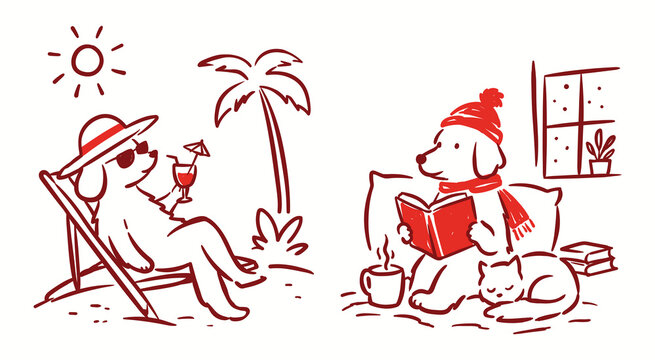 Hand-drawn dog relaxing on a summer beach and enjoying cozy winter reading indoors with a cat.