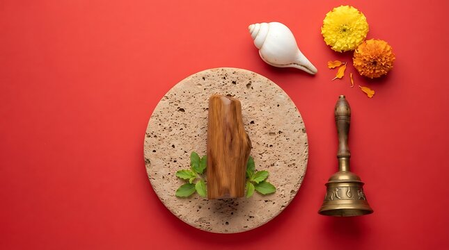 Sandalwood log on stone plate with conch shell, bell, and marigold flowers