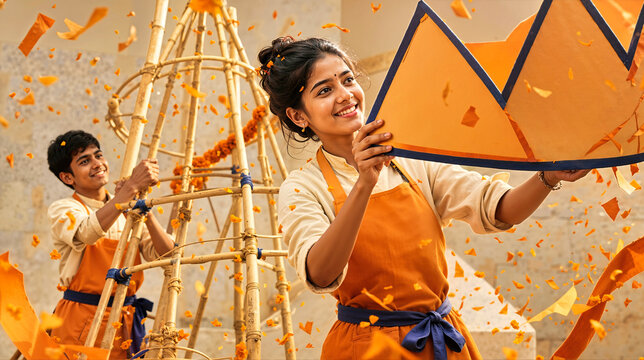 Smiling young Indian woman holding an orange paper crown while preparing decorations for Dussehra festival with male craftsperson building a bamboo effigy frame amidst floating paper fragments