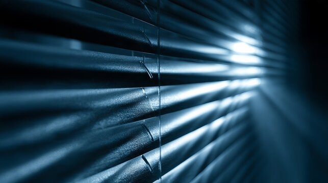 Bright sunlight shines through horizontal window blinds, creating striking shadows, a modern interior design concept
