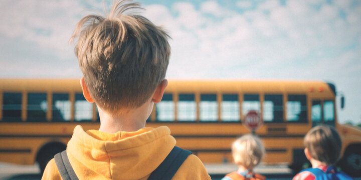 Lifestyle Education. Going back to school in the morning during the start of classes with the back of a boy student getting on the yellow school bus