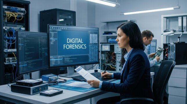 Digital Forensics Expert Analyzing Data on Computer Screen in High Tech Lab