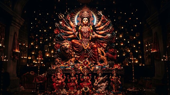Durga puja festival celebration with goddess durga idol riding a lion, surrounded by festive lights