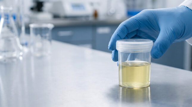 Scientist in blue gloves holding urine sample container in laboratory