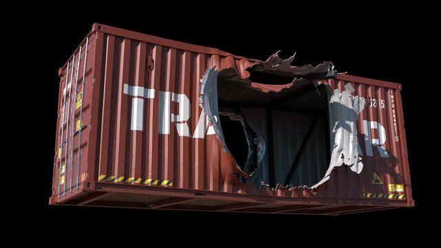 Shipping container torn open by powerful explosion