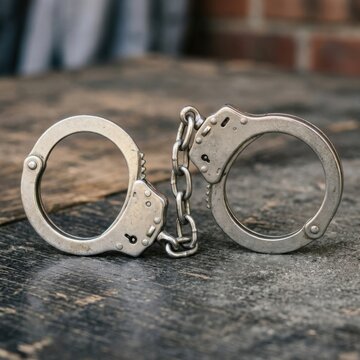 Detention Metal Handcuffs on Rustic Wooden Table