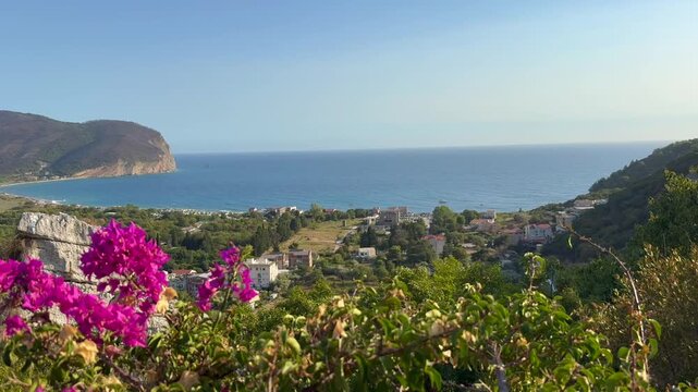 A beautiful view on Buljarica Black sea resort area, Montenegro. Panoramic coastal village and calm blue sea viewed over flowering bougainvillea and green hills under a clear sky in Mediterranean
