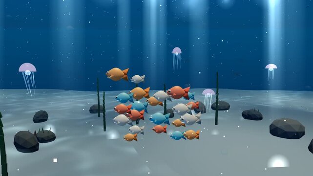 Realistic 3D underwater deep ocean scene with soft volumetric god rays, drifting marine snow, rising bubbles and animated caustic light patterns, calm cinematic seamless loop