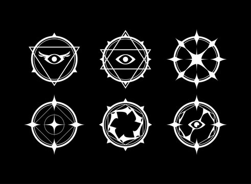 Fantasy occult symbol set featuring six white mystical emblems with eyes, geometric circles, triangles, stars and arcane shapes for magical game and fantasy designs.