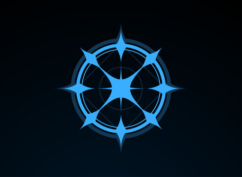 Blue fantasy compass emblem with a geometric star symbol and circular rings on a dark background, designed as a magical navigation icon for games, interfaces, and graphic assets.