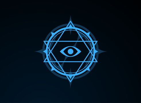 Mystical blue eye emblem with geometric stars, circular rings, and arcane symbols on a dark background, designed for fantasy games, magical interfaces, badges, and graphic assets.