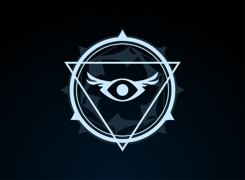 Mystical blue eye emblem with geometric triangle, circular rings, and star like details on a dark background, designed for fantasy games, magical interfaces, badges, and graphic assets.